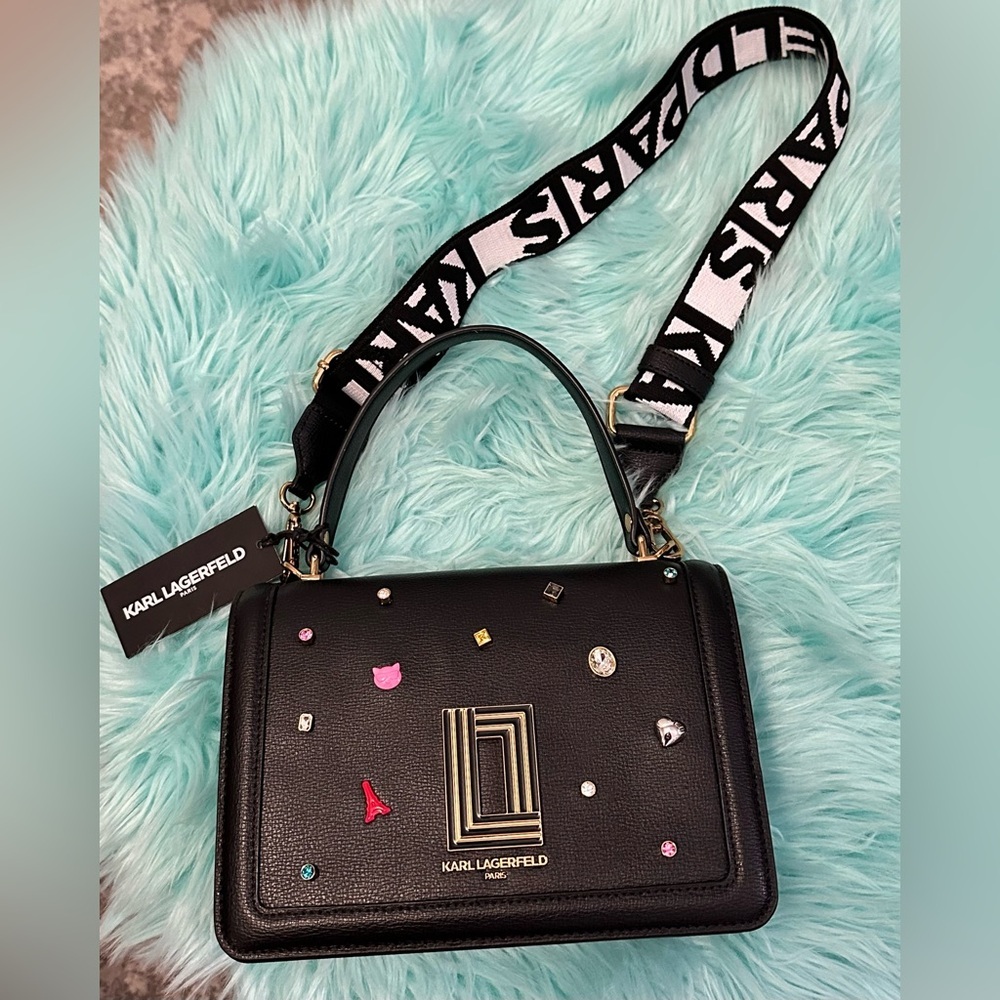 Karl Lagerfeld Paris Black Embellished Women's Handbag NEW! FIRM 65% OFF! - Picture 2 of 12